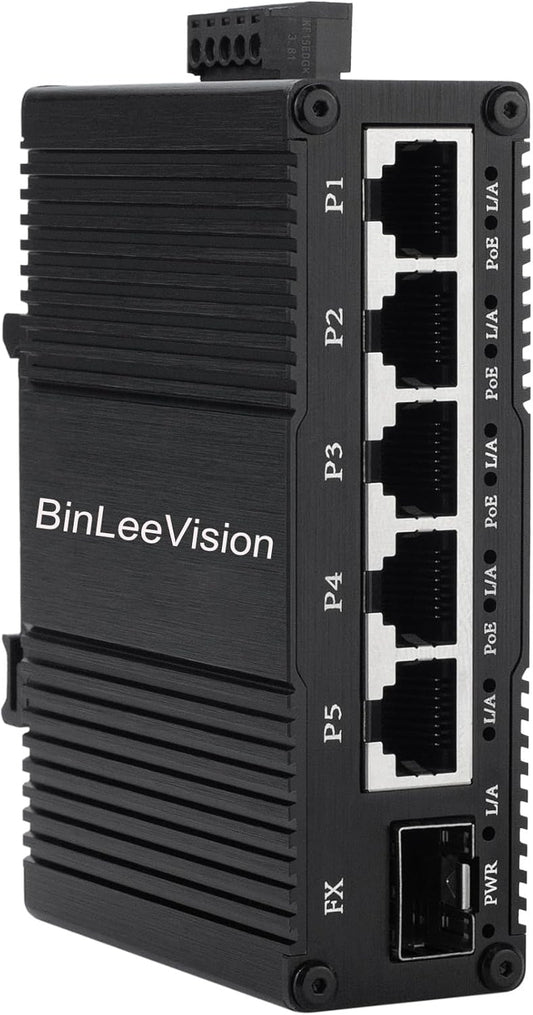 Industrial Mini Gigabit Ethernet Switch 5-Port RJ45 10/100/1000BASE-T+1-Port SFP Slot,Unmanaged Network Switch,Network Hub,Dinrail Mount or Wall-Mount,Plug & Play,Fanless (5 RJ45+1 SFP with PoE)
