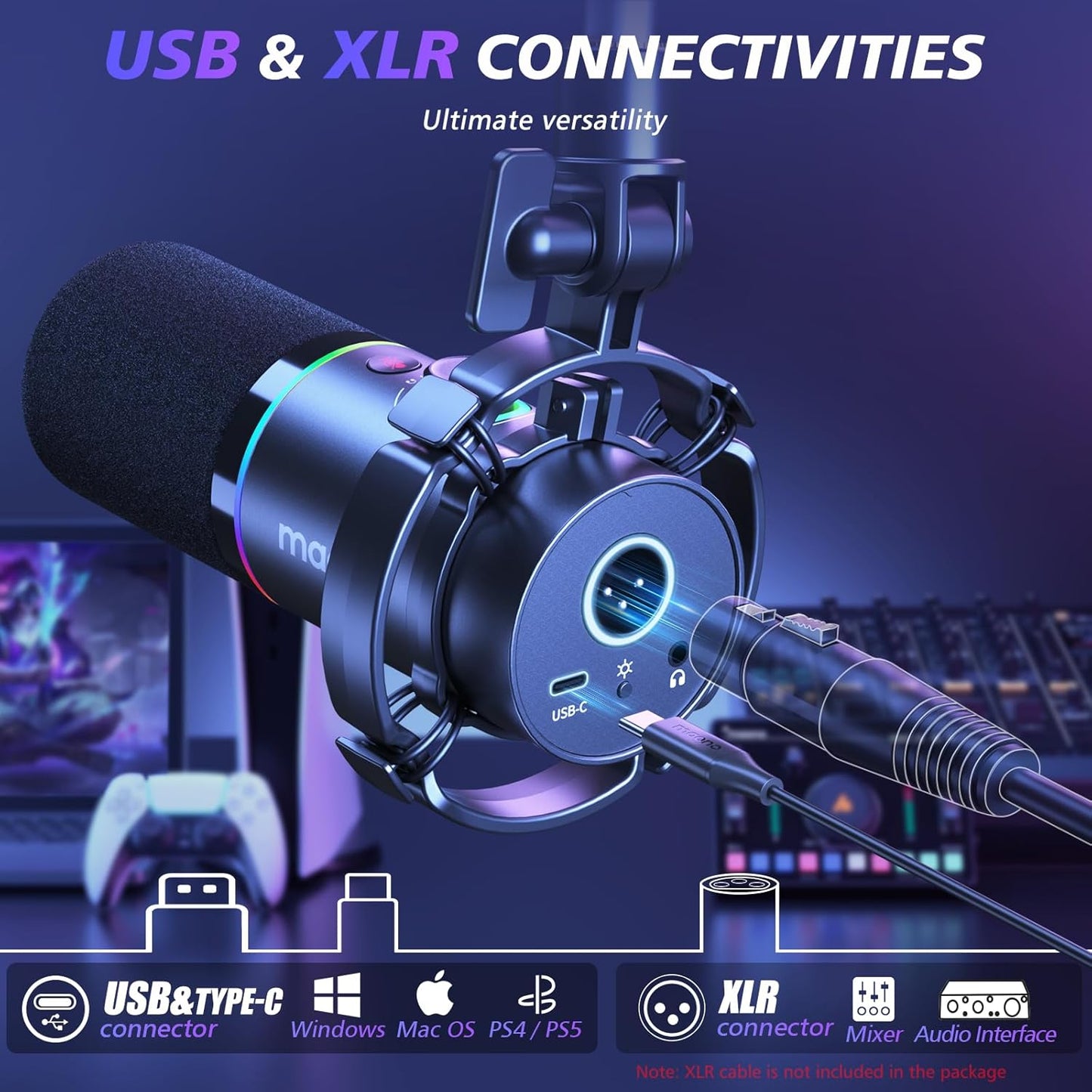 MAONO XLR/USB Dynamic Microphone Kit, RGB Podcast Mic with Software, Mute, Gain Knob, Volume Control, Boom Arm for Streaming, Gaming, Voice-Over, Recording-PD200XS Black