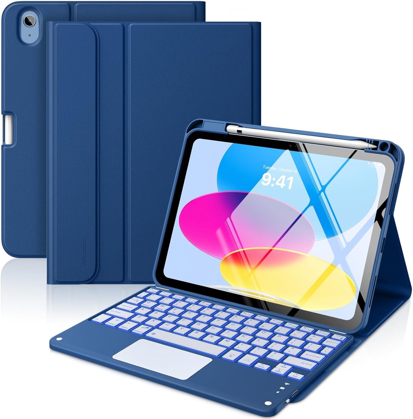 MoKo Touch Keyboard Case for iPad (A16) 11th Generation 11 inch 2025, iPad 10th Generation 10.9 inch Case with Pencil Holder, 7 Colors Backlit Multi-TrackPad Detachable Bluetooth Keyboard, Navy Blue