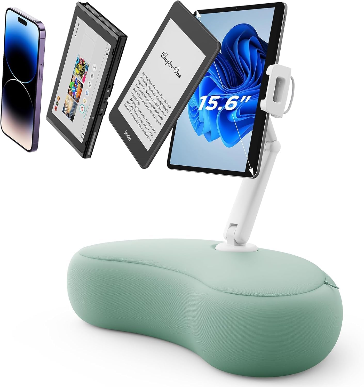 SAIJI Kindle Pillow Stand, iPad Stand Compatible with 4.7”-15.6” Kindle, Phone, iPad, 360° Adjustable Tablet Holder for Bed with Flexible Dual Axis Arm and Microbead Cushion (Cyan)