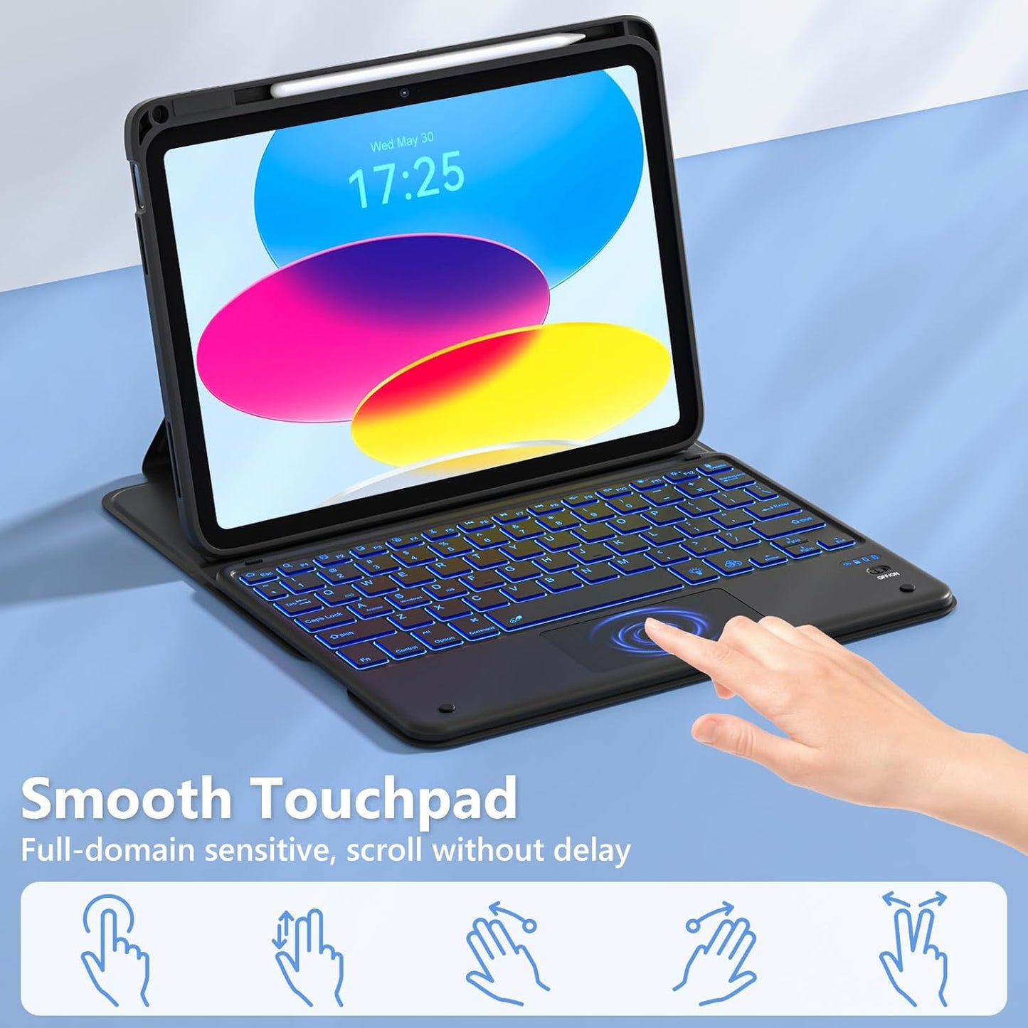 TaIYanG Touchpad for iPad A16 11th/10th Generation Case with Keyboard, 7 Color Backlit 360 Rotation Cover with Pencil Holder,Detachable Keyboard for iPad 11 inch 2025/10th Gen 10.9'' 2022 (Black)