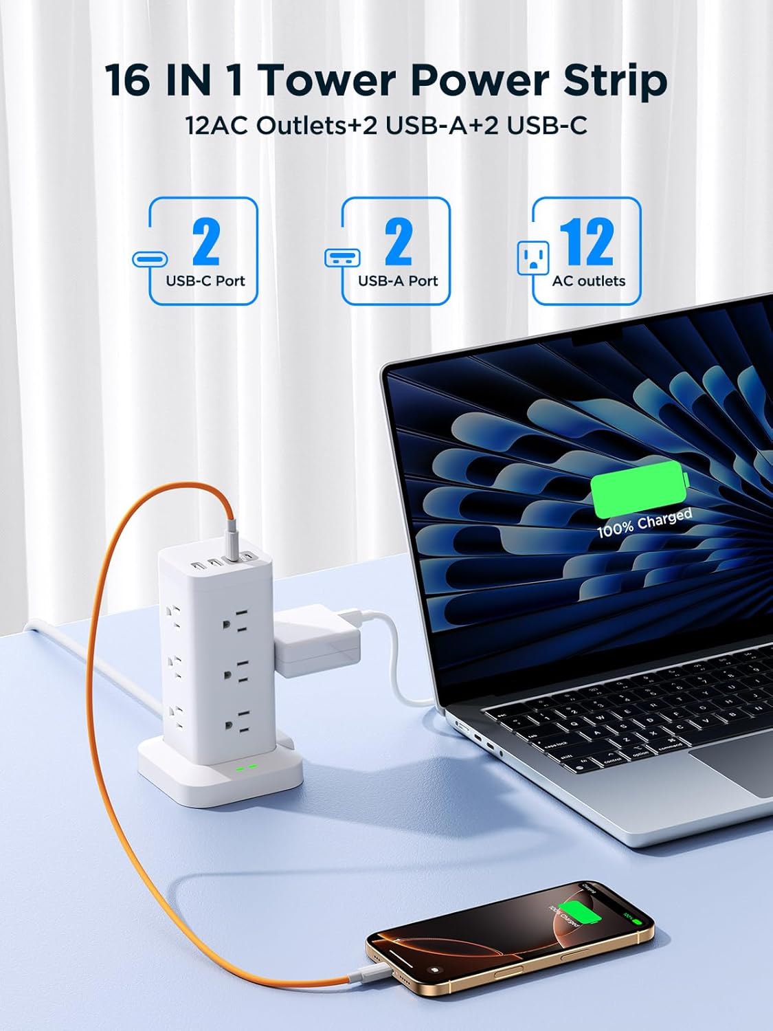 Surge Protector Power Strip, 6FT Flat Plug Extension Cord with 12 AC Outlets, 4 USB Charger(2 USB C Port), 1200 Joules Overload Protection, Desk Charging Station for Home Office, Dorm Room Essentials