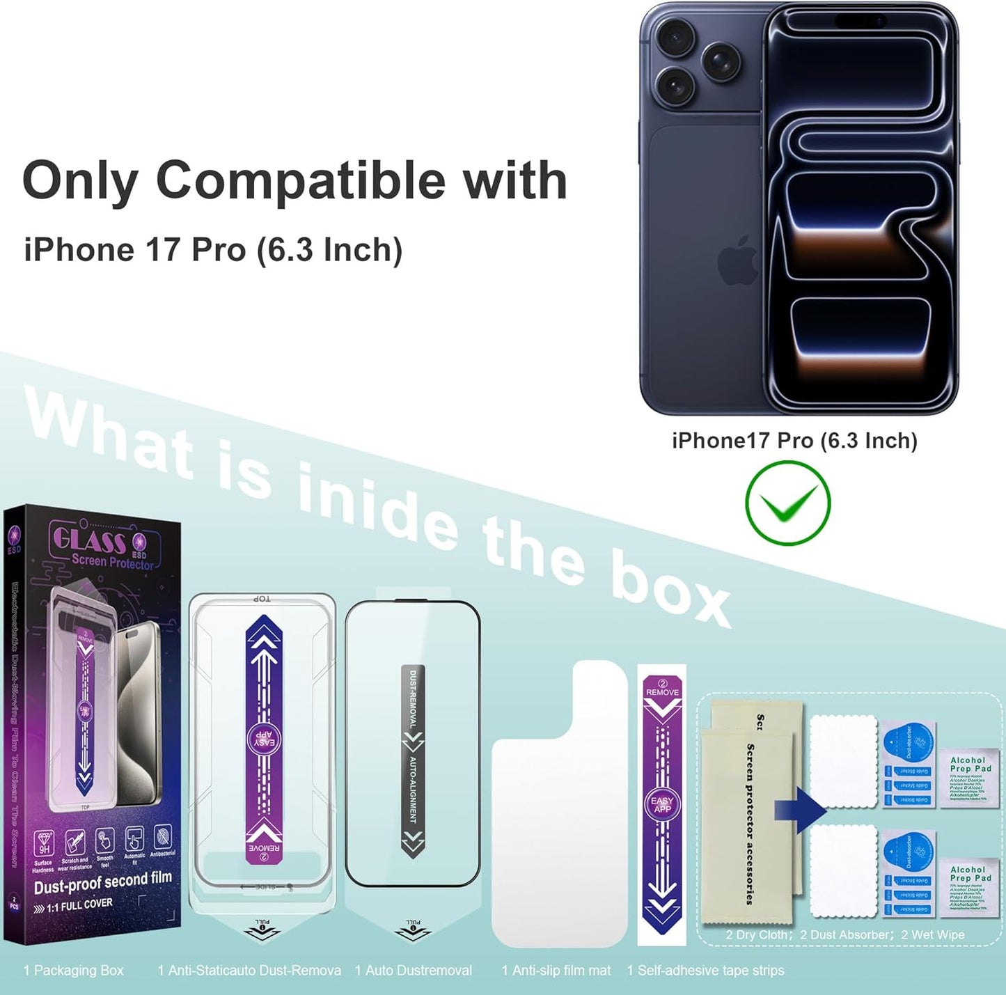 Screen Protector for iPhone 17 Pro 6.3-Inch, 2 Pack, 9H Tempered Glass, HD Clear, Full Cover, Anti-Fingerprint, Easy Installation