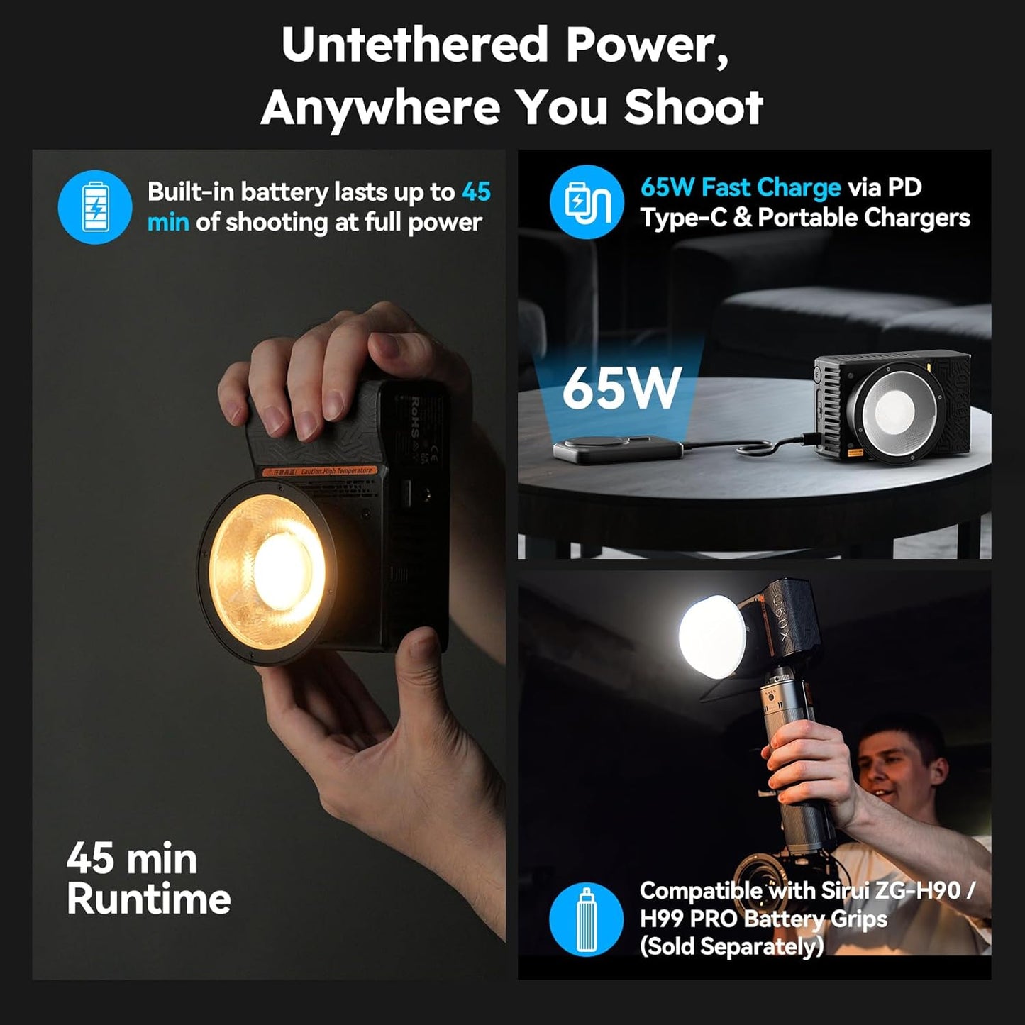 SIRUI C60X 60W Portable Photography Light, Ultra-Quiet 24.9dB & 0.53KG Compact Design, 2H Fast Charging, 13,000 Lux High Output, Bluetooth Control for Studio/Outdoor Video Lighting