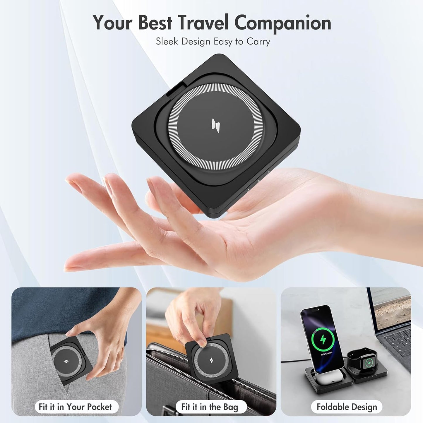Magnetic Wireless Charger for iPhone: 3 in 1 for Travel 15W Fast Charging Pad Foldable for iPhone 16-12 Pro Max - for Apple Watch Ultra and AirPods Series Magnet Multiple Devices (Dark Black)