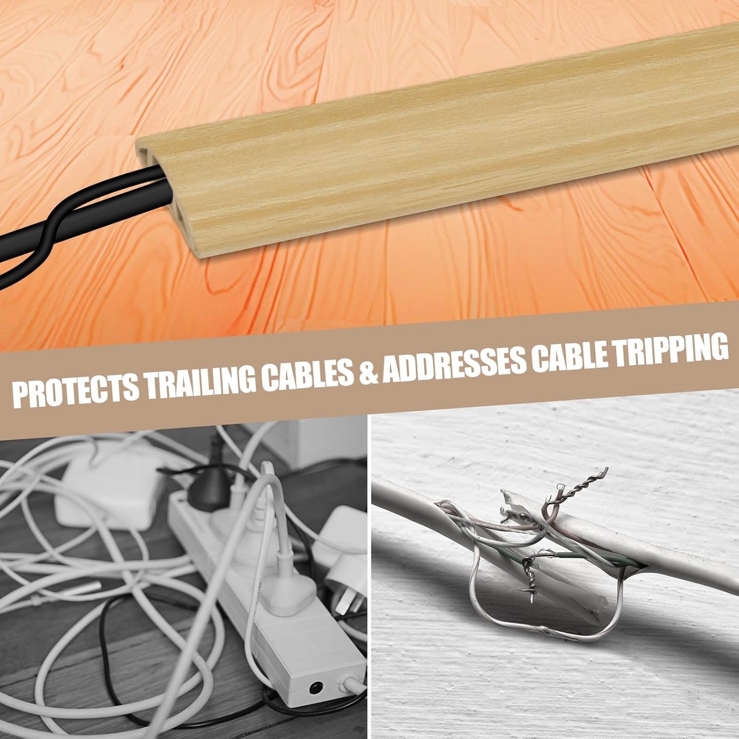 Floor Cord Cover Self Adhesive Cord Hider,3.3FT Cable Management, Extension Strip Protector for Wires, Prevent Cable Trips for Offices, Gyms, Exhibitions Cavity:0.3"(W) x0.28(H) WoodLightyellow