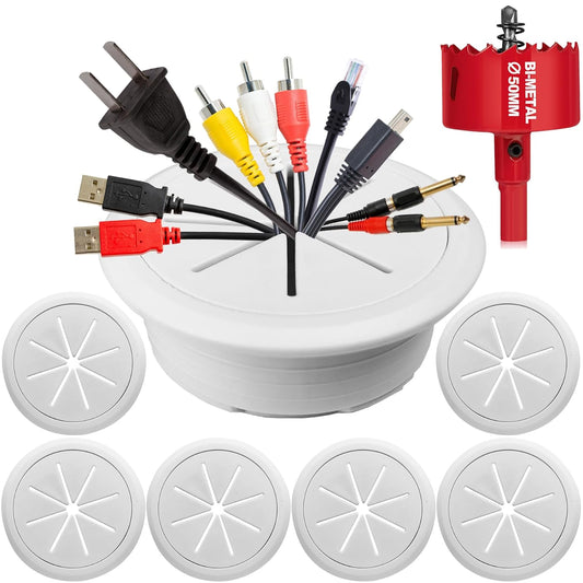 6PCS Desk Grommet, 2 Inch(50mm) Cable Hole Cover for Office and Home Table, Desktop Wiring Management and Protection (White, 6pc)