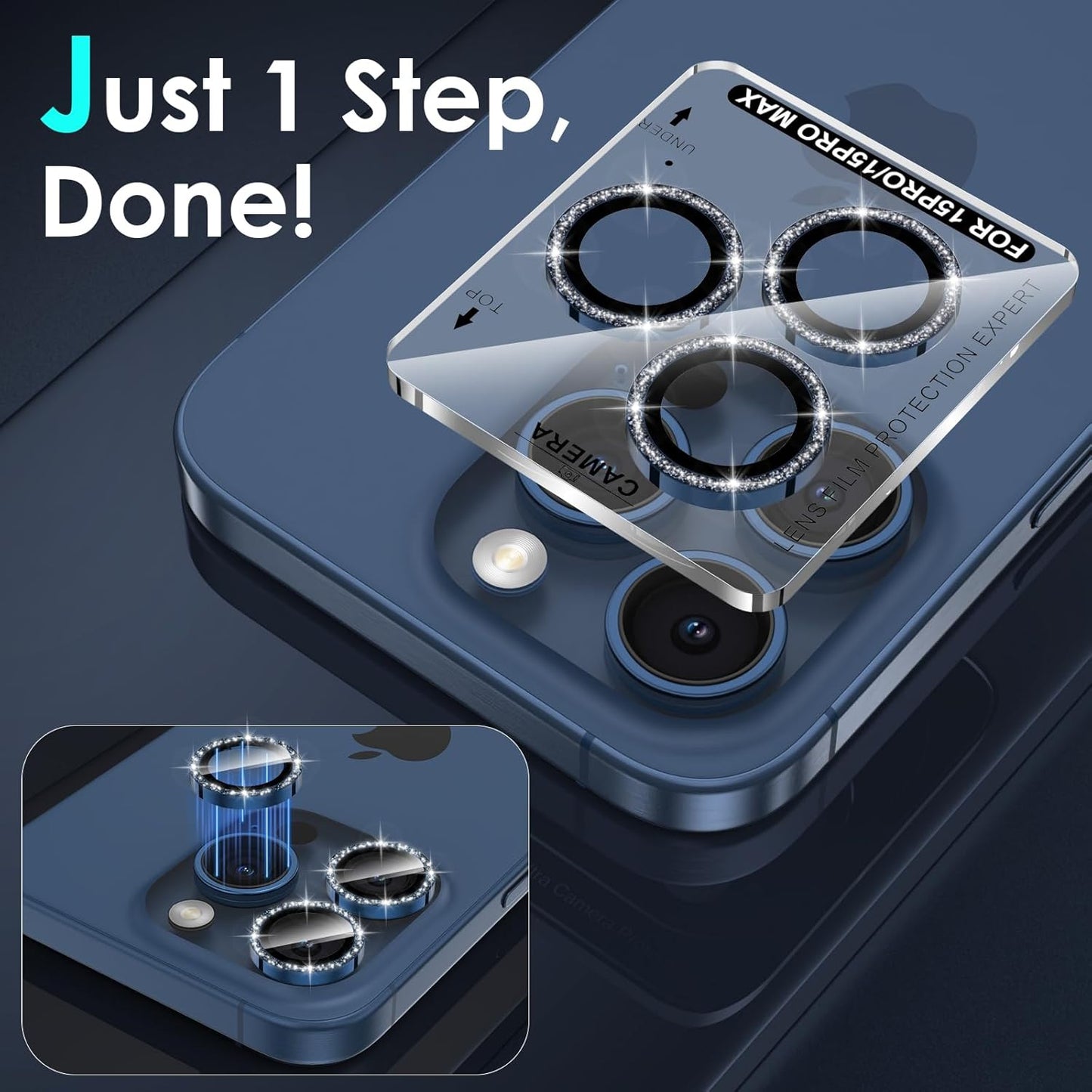 YWXTW Designed for iPhone 15 Pro/iPhone 15 Pro Max Camera Lens Protector Bling, [New Glitter Design] Individual Metal Tempered Glass Camera Cover Accessories Case Friendly (Blue Titanium Glitter)