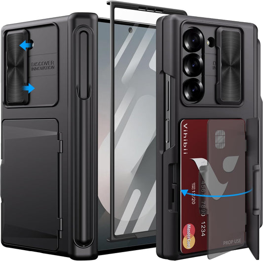 Vihibii for Samsung Galaxy Z Fold 6 Case with S Pen Holder & Card Holder & Slide Camera Cover & Screen Protector & Hinge Protection, Heavy Duty Rugged Wallet Phone Case for Galaxy Z Fold 6, Black