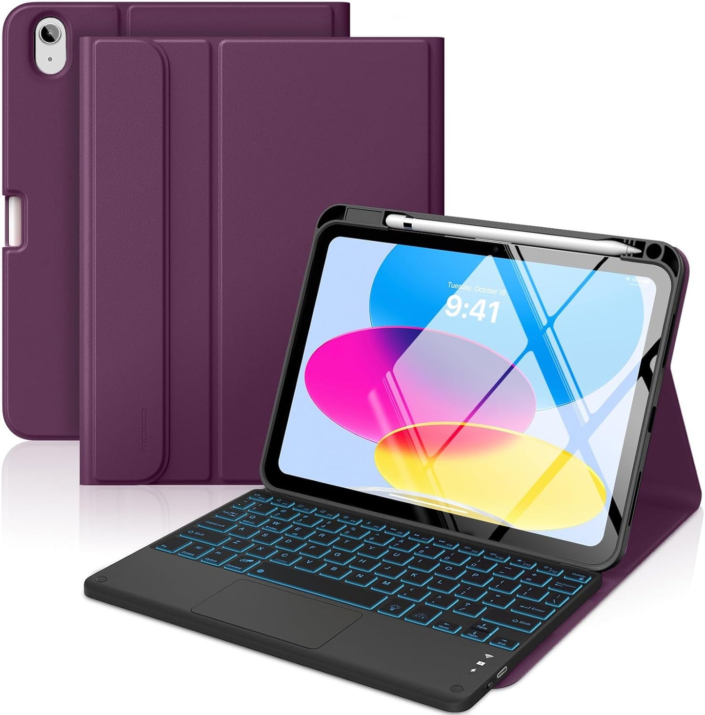 MoKo Touch Keyboard Case for iPad (A16) 11th Generation 11 inch 2025, iPad 10th Generation 10.9 inch Case with Pencil Holder, 7 Colors Backlit Multi-TrackPad Detachable Bluetooth Keyboard, Dark Purple