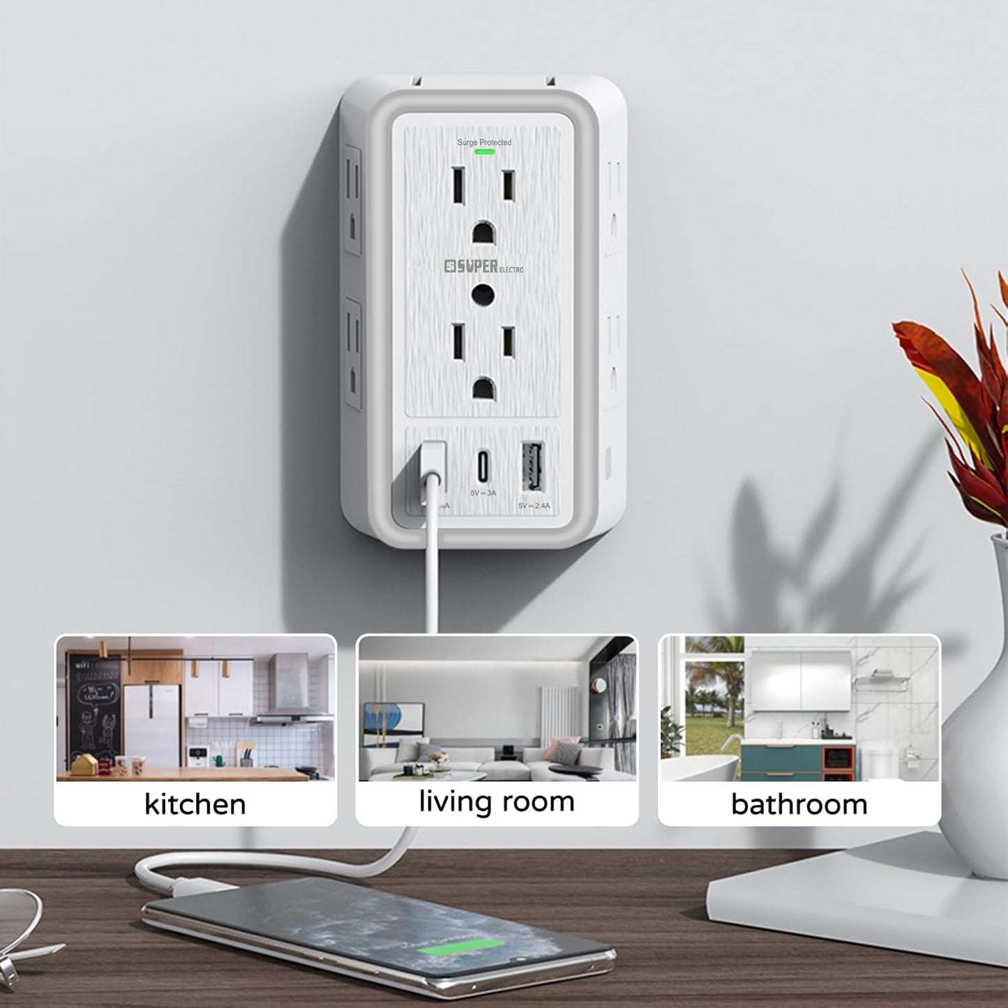 USB Wall Charger Surge Protector, Super Electro 6 Outlet Extender with 3 USB Charging Ports (5V 3.4A Total) and Night Light, 3-Sided 1500J Multi Plug Wall Outlet for Home, Office, ETL Listed