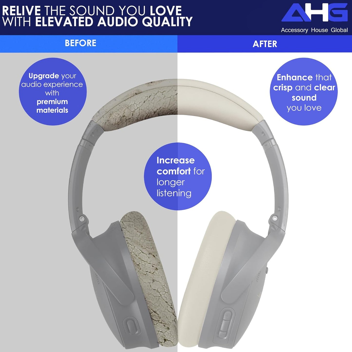 Replacement QC Ear Pad and Headband Pad Kit Cushion. Compatible with Bose QuietComfort (2023) QC45 QCSE QC35 II Wireless Noise Cancelling Headphones (White Smoke) Easy DIY