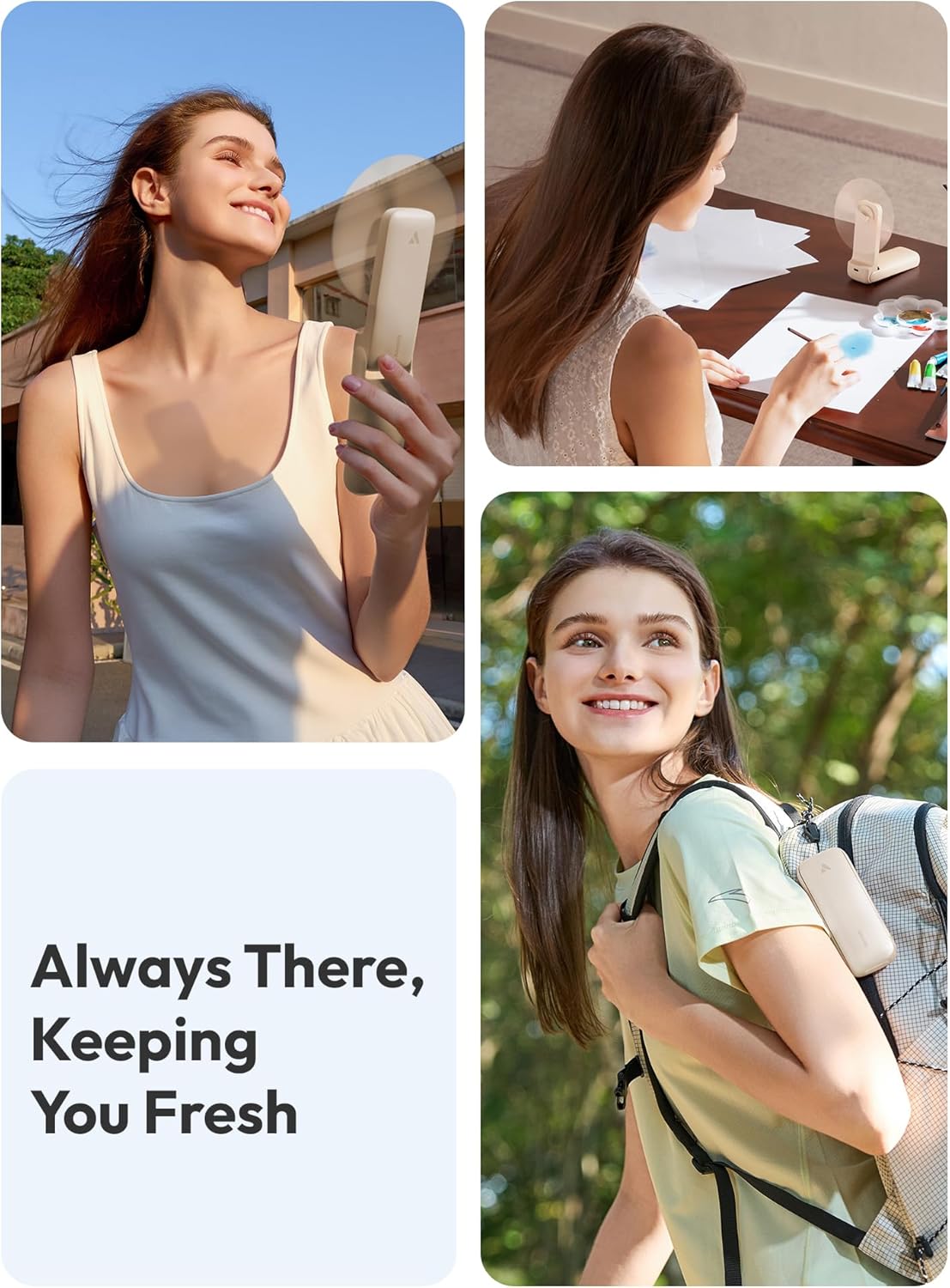Aecooly Slim Portable Fan, Thin Handheld Fan, USB Rechargeable Mini Personal [24H Max Cooling Time], Battery Powered Small Foldable Pocket for Travel, Summer, Gifts for Women, Girls -Beige