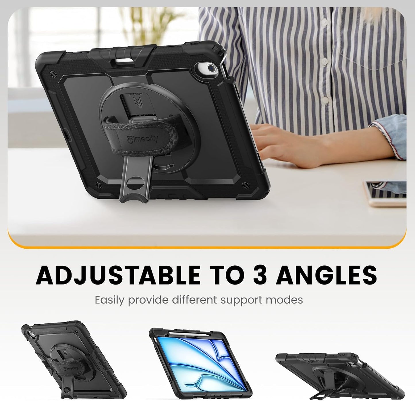 timecity for iPad Air 13 Inch Case M3 2025/ M2 2024, 360° Rotating Stand, Pencil Holder & Wireless Charging, Shockproof with Screen Protector & Shoulder Strap - for Designers & Professionals, Black