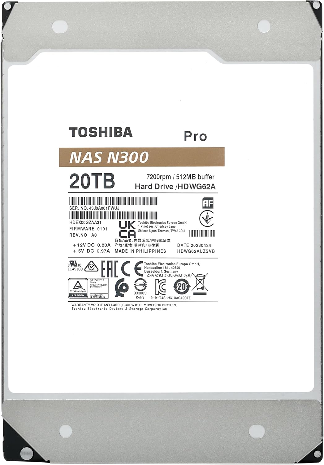 Toshiba N300 PRO 20TB Large-Sized Business NAS (up to 24 Bays) 3.5-Inch Internal Hard Drive - Up to 300 TB/Year Workload Rate CMR SATA 6 Gb/s 7200 RPM 512 MB Cache - HDWG62AXZSTB