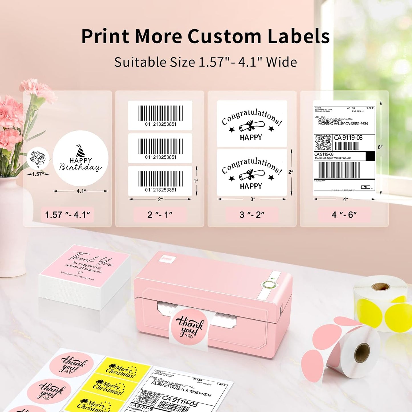 JADENS Bluetooth Thermal Label Printer 4x6, Pink Wireless Shipping Label Printer for Small Business & Packages, Compatible with iOS, Android, Mac, Windows, Amazon, Etsy, Ebay, Shopify