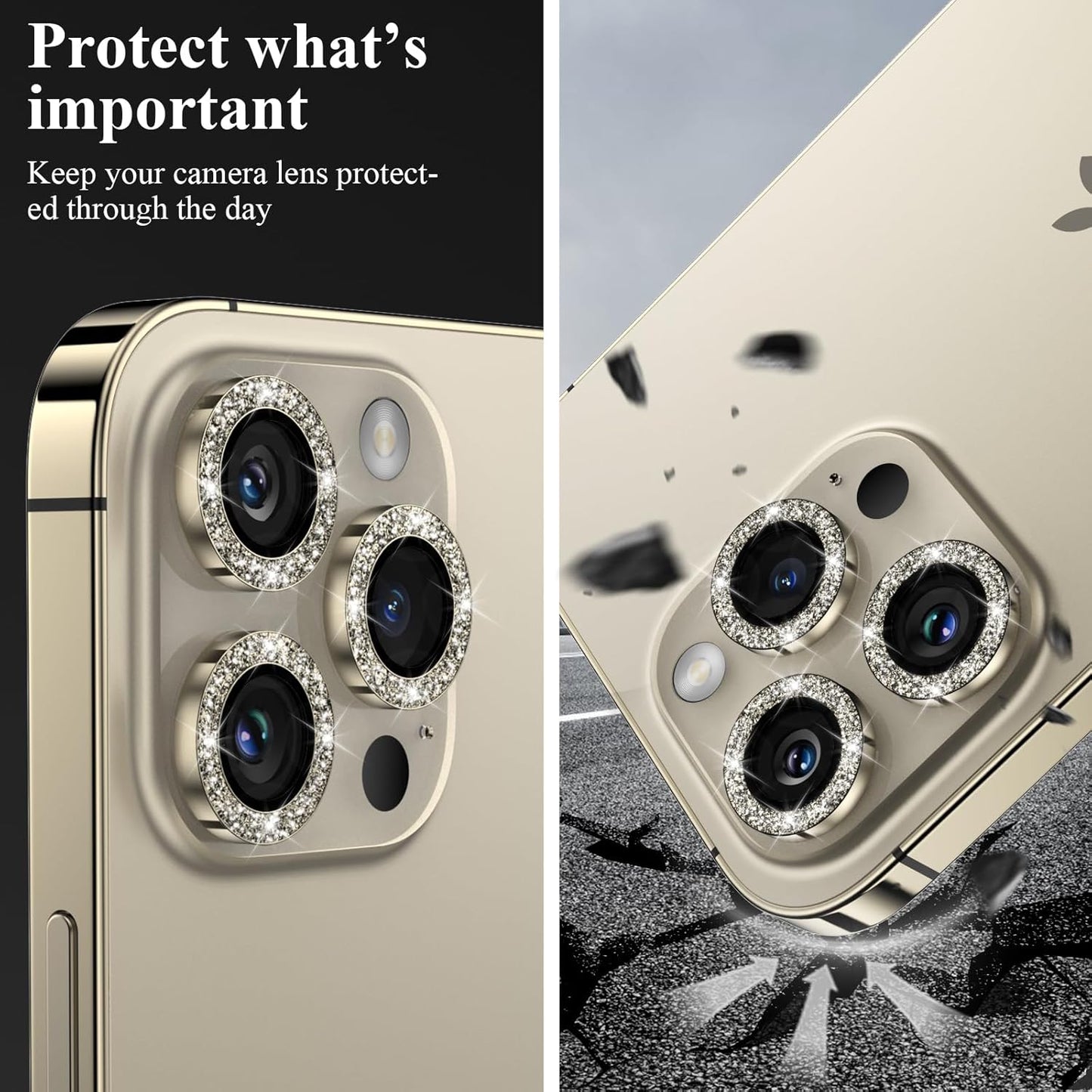 YWXTW Designed for iPhone 14 Pro/iPhone 14 Pro Max Camera Lens Protector Bling, [New Glitter Design] Individual Metal Tempered Glass Camera Cover Accessories Case Friendly, 1 Set (Gold Glitter)