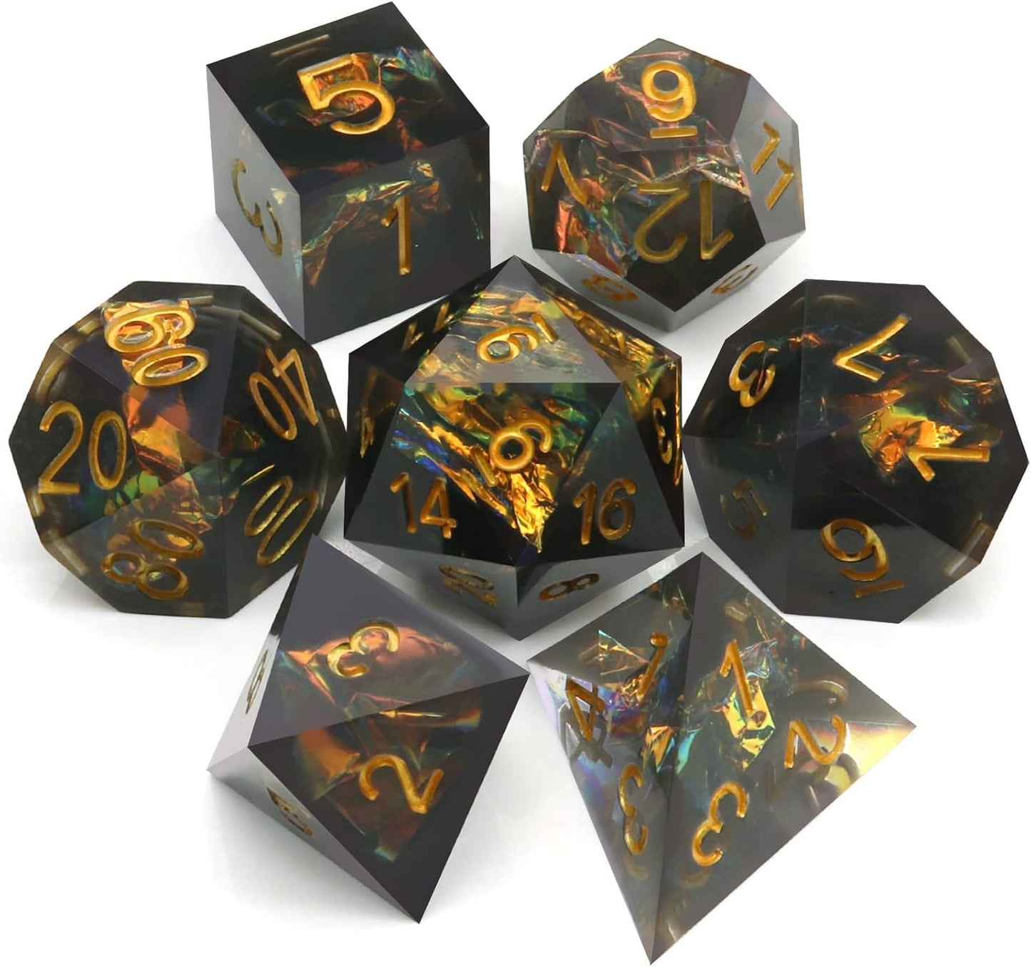 Haxtec Sharp Edge Dice Set DND Dice Black Resin Dice Iridecent Mylar Galaxy D&D Dice for RPG Role Playing Compatible with Dungeons and Dragons Gift