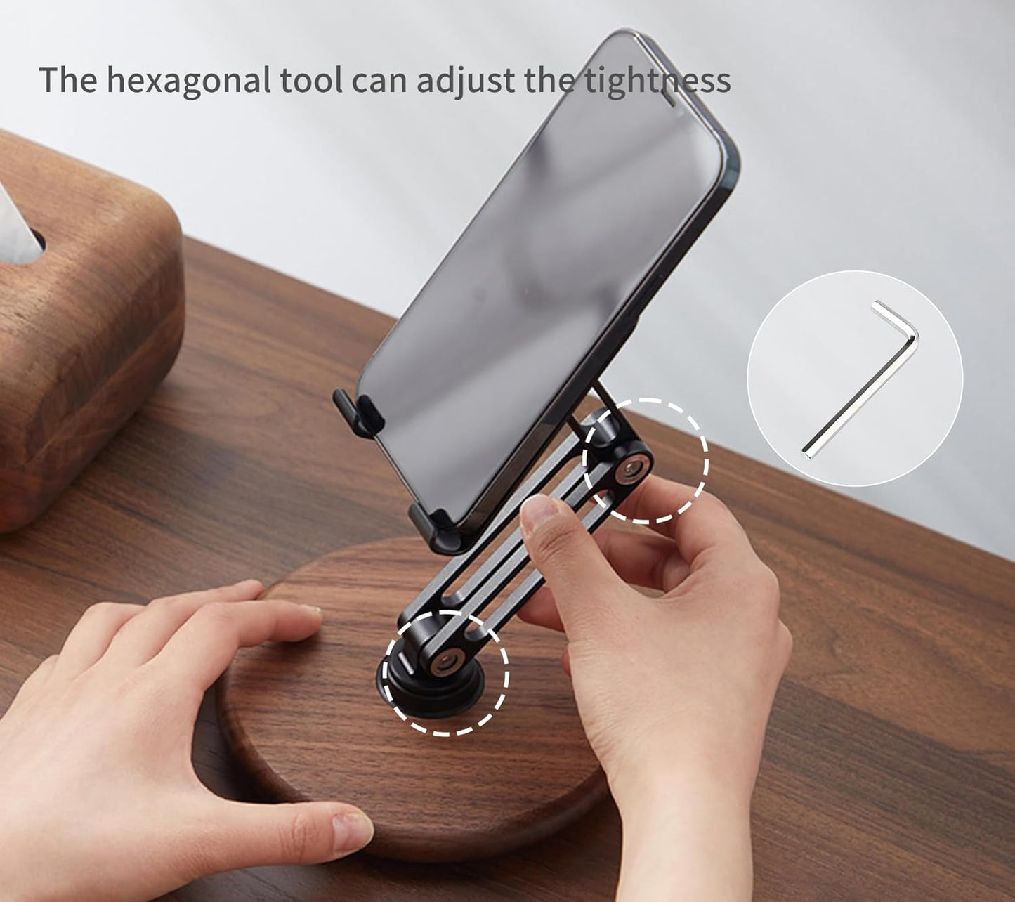 RENMTURE Phone Desk Stand, Adjustable Foldable Cell Phone Stand with 360° Rotation for iPhone 16 15 14 13 Pro ipad, Mobile Phones & Tablets Stable, Ergonomic Holder for Home Office, Walnut Wood Base