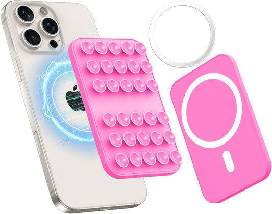Patented Magnetic Sticky Phone Suction Grip Mount for MagSafe Case,Magnet Silicone Portable Stand Holder for iPhone 16/15/14/13/12 Series and Android, Hands-Free Selfies and Videos,Hot Pink