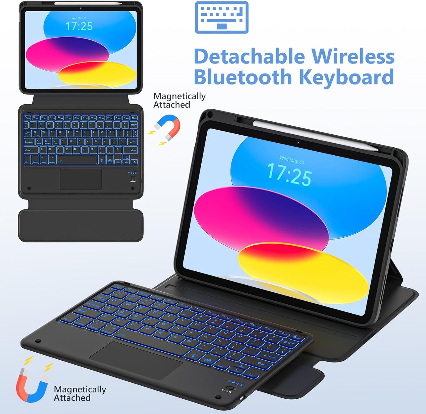 TaIYanG Touchpad for iPad A16 11th/10th Generation Case with Keyboard, 7 Color Backlit 360 Rotation Cover with Pencil Holder,Detachable Keyboard for iPad 11 inch 2025/10th Gen 10.9'' 2022 (Black)