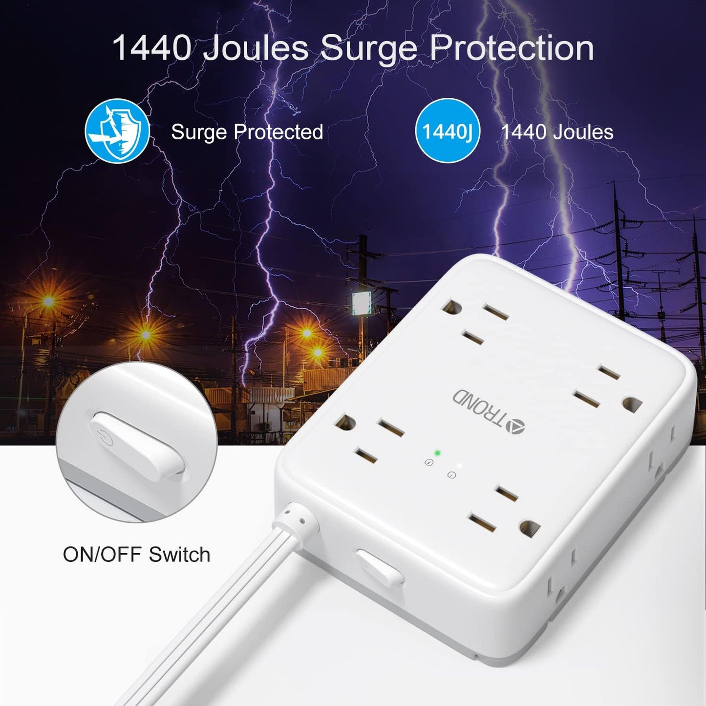 TROND Surge Protector Power Strip with USB, Ultra Thin Flat Plug 10ft Extension Cord 1625W, 3 USB-A & 1 USB-C, 8AC Outlets 1440J Surge Protection Wall Mount for Home Office Dorm Room Essentials, White
