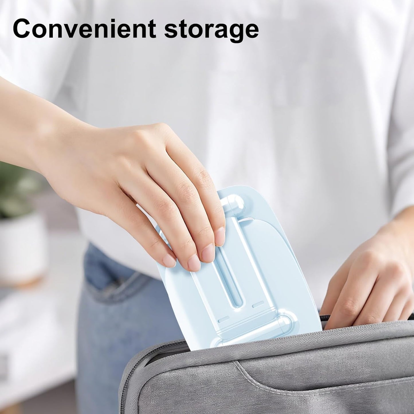 DEERLAMN Cell Phone Stand for Desk, Height Adjustable Cell Phone Holder Portable Desktop Stand, Travel Home Office Desk Accessories Compatible with iPhone 16/15/14/13/12/11 All Smartphone - Light Blue