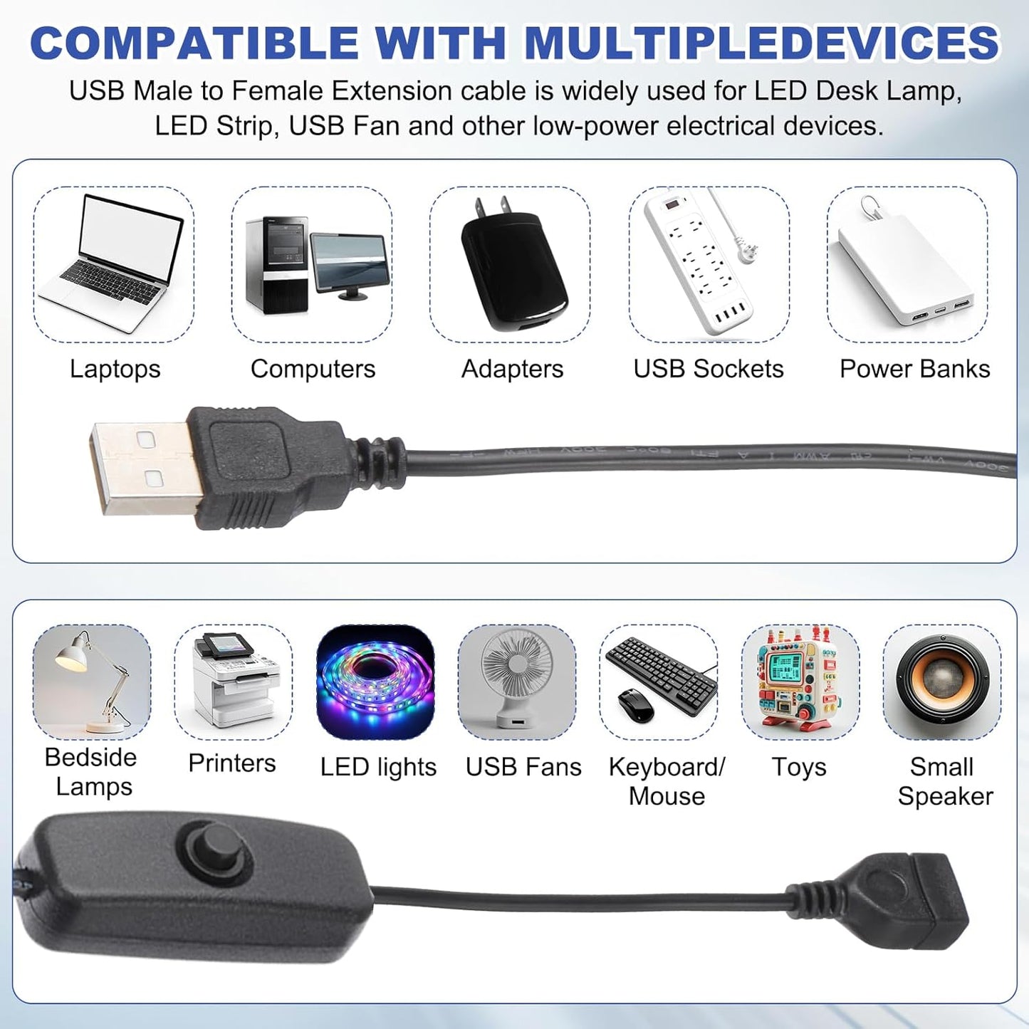 MECCANIXITY USB Extension Cable with ON/Off Button Switch 2m USB Male to Female Extension Cord for Desk Lamp Fan LED Light Strip Black Pack of 1