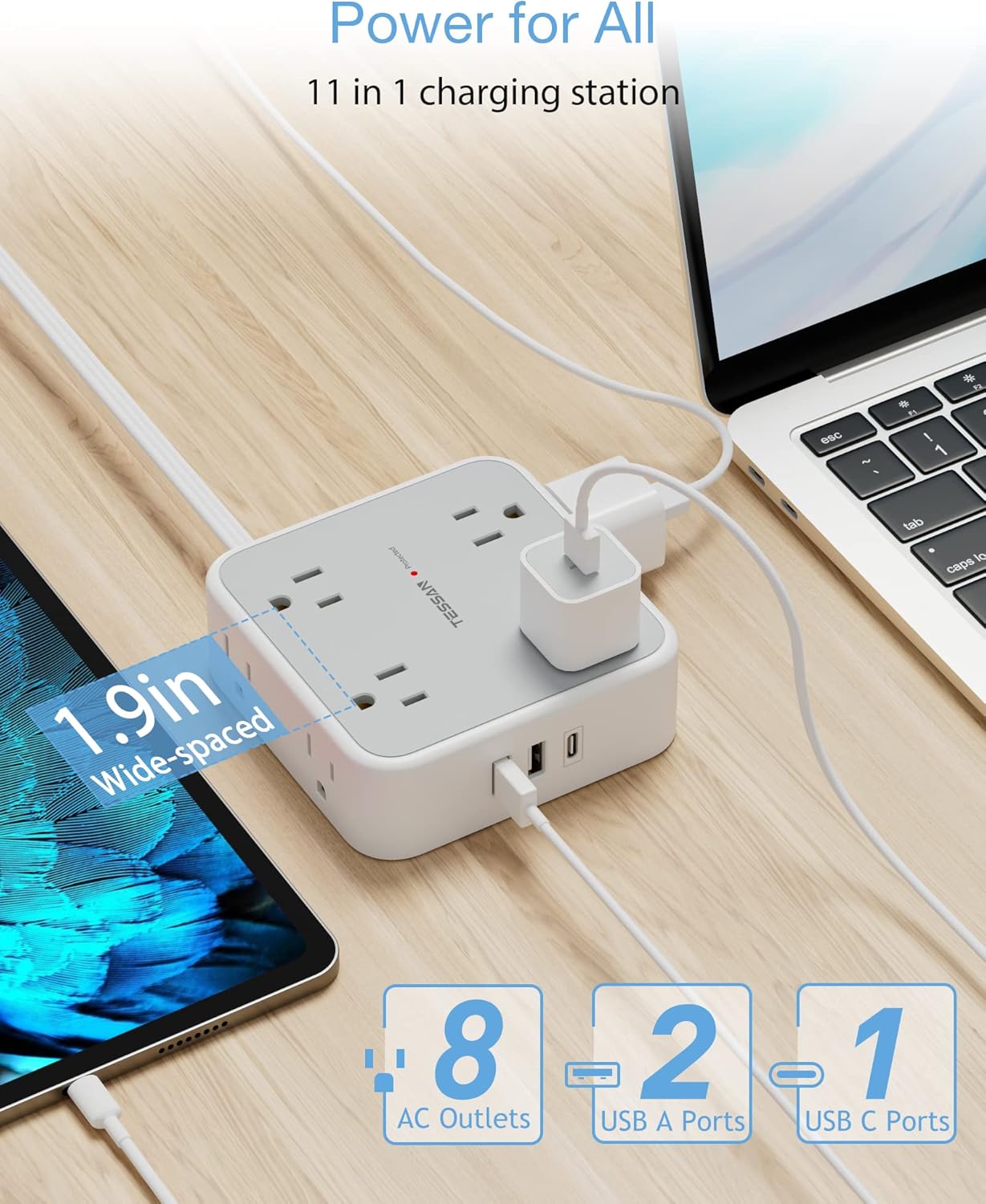 TESSAN Power Strip Surge Protector 10 Ft Cord, 8 AC Outlets, 3 USB Charger(1 USB C Port), Ultra Thin Extension Cord, Flat Plug, 900 Joules Protection, Desk Charging Station for Home, Office
