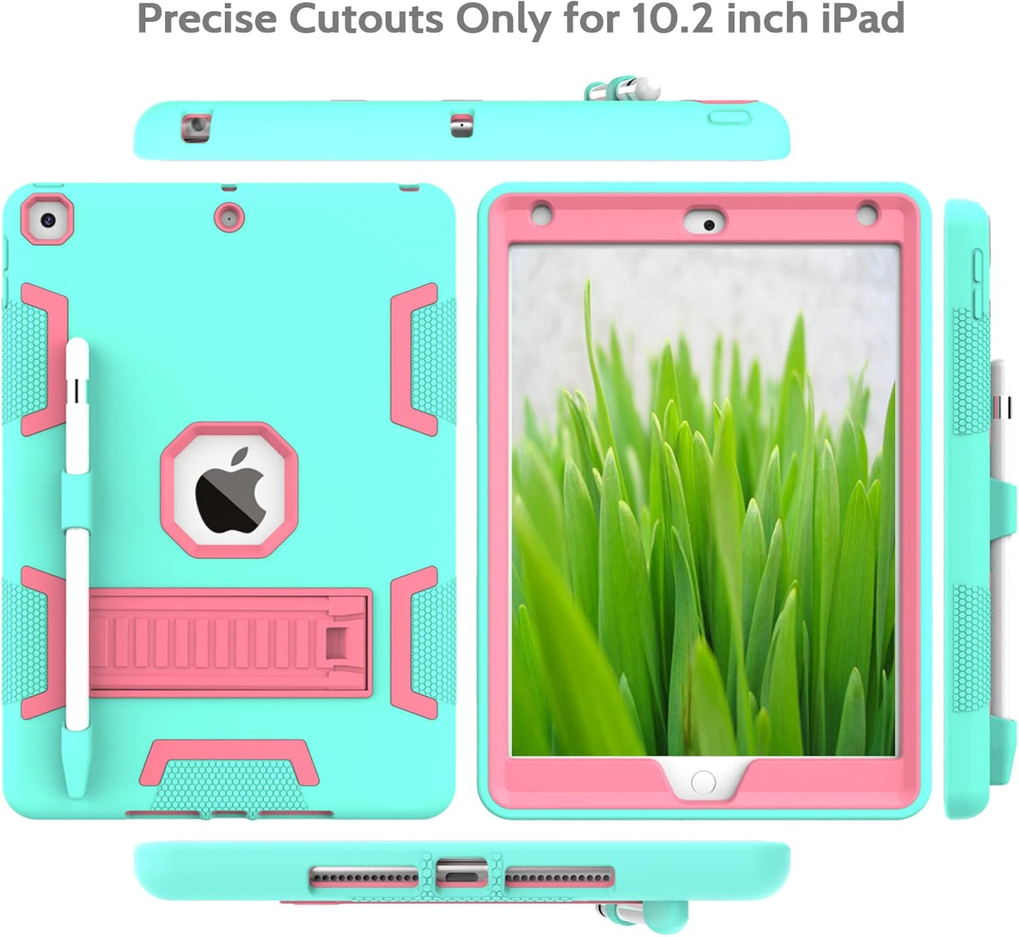 Rantice iPad 9th Generation Case, iPad 8th/7th Generation Case, iPad Case with Kickstand and Pencil Holder for iPad 10.2 Case(Mint Green+Rose)