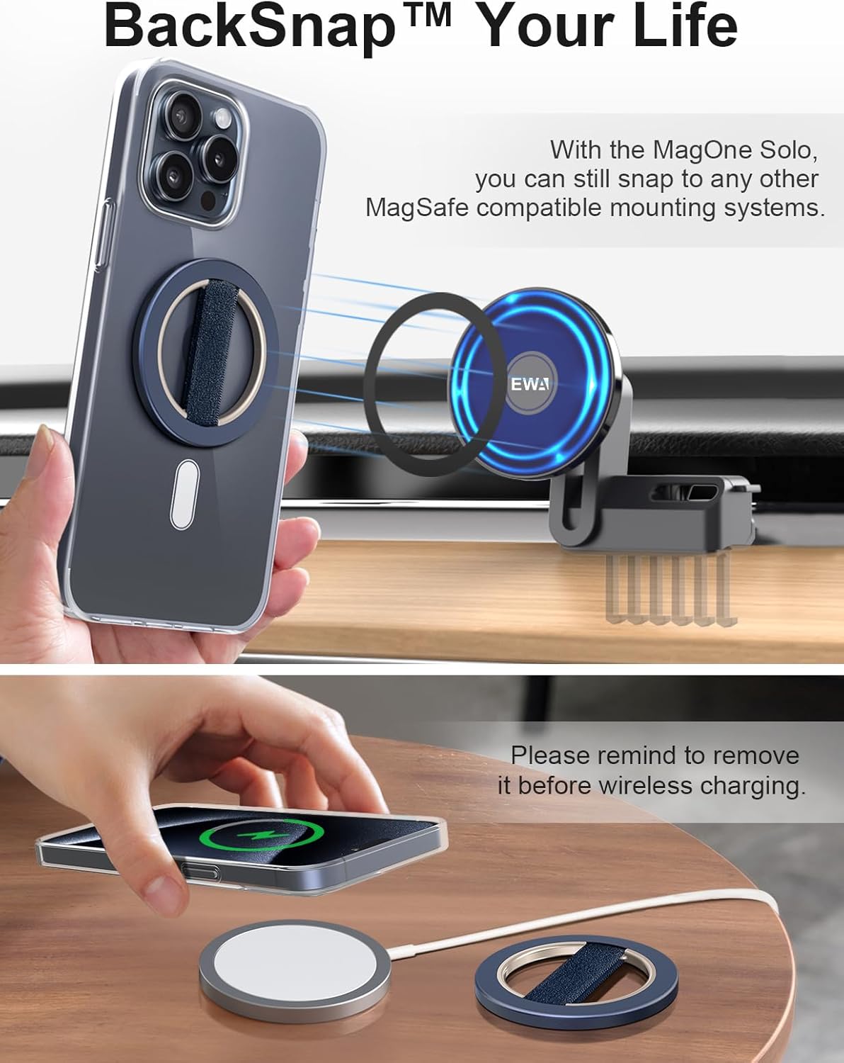 EWA MagOne Solo Phone Grip with Replaceable Elastic Finger Loop, Removable Magnetic Ring Holder Loop, Accessories for iPhone 16,15, 14, 13 Pro/Max/Plus, No Stand-Blue