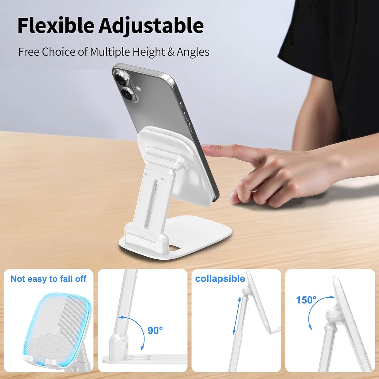 DEERLAMN Cell Phone Stand for Desk, Height Adjustable Cell Phone Holder Portable Desktop Stand, Travel Home Office Desk Accessories Compatible with iPhone 16/15/14/13/12/11 All Smartphone - White