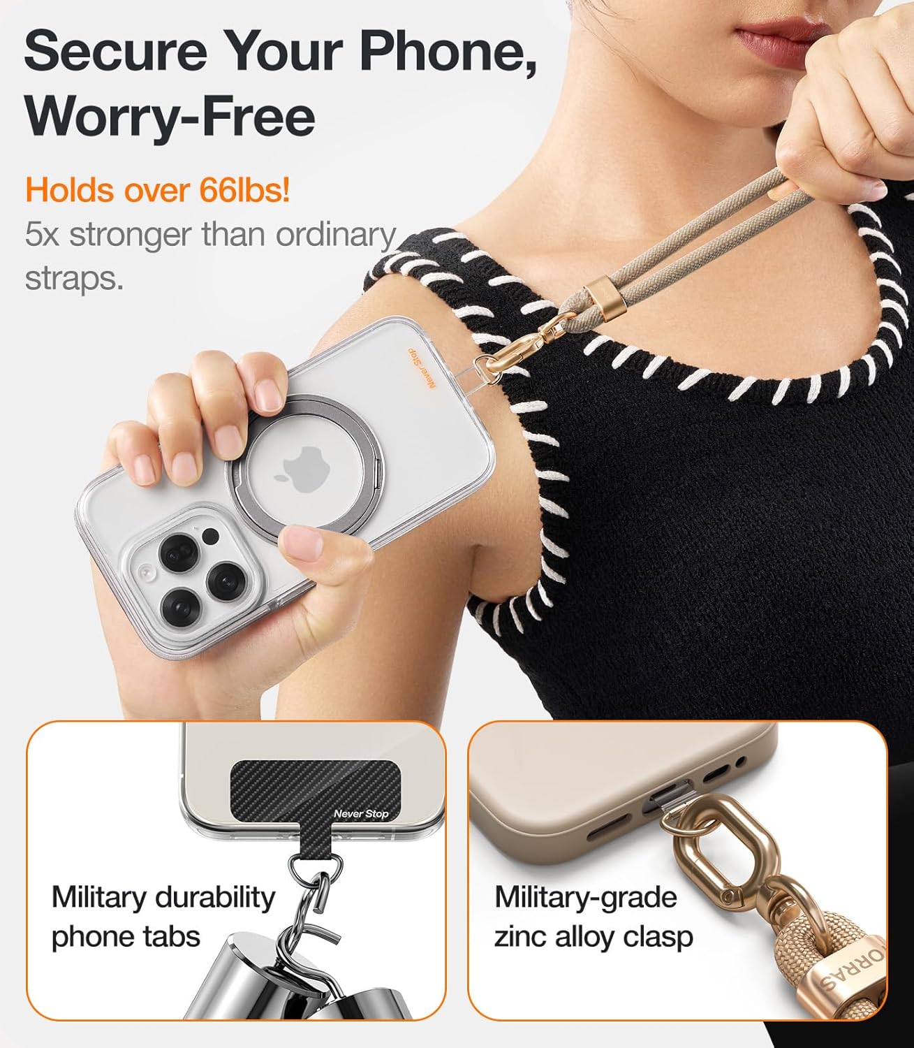 TORRAS Phone Lanyard Crossbody with 2 Phone Tabs, Adjustable Anti Theft Phone Strap for All Phones, Premium Metal Buckles, Skin-Friendly, Universal Cell Phone Neck lanyard for Women and Men, Khaki