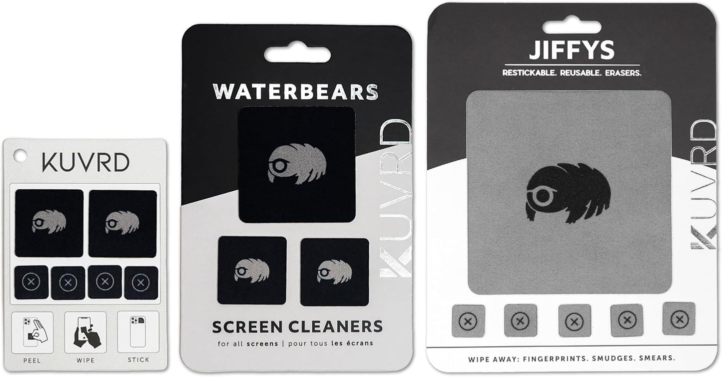 KUVRD Waterbear - Universal Screen Cleaners - Teeny Tiny Cleaning Tools for Your Lenses & Screens, Family Pack (1 Patch Set, 1 Pad Set, 1 Phat Pack Set)