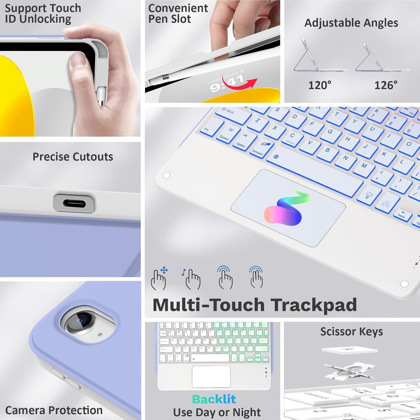 MoKo iPad 11th/10th Generation Case with Keyboard 2025/2024, 7 Colors Backlight & Multi-Touch Trackpad, Detachable Keyboard Folio Stand Cover with Pencil Holder, Lavender Purple