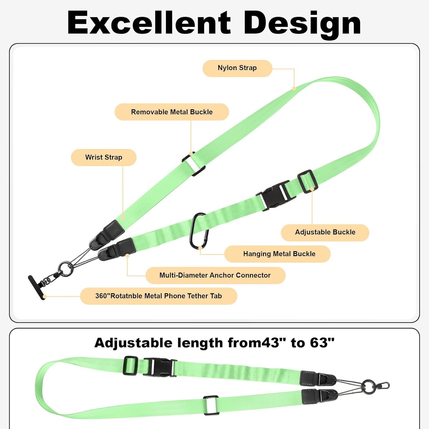 Adjustable Crossbody Phone Lanyard, Universal Phone Wrist Strap and Phone Neck Strap with Tether Tab, Phone Lanyard with Quick Release, Suitable for iPhone and Most Smartphones, Light Green