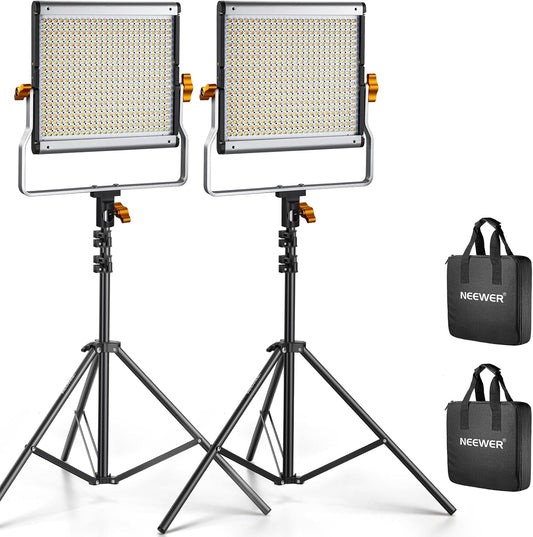Neewer 2 Packs Dimmable Bi Color 480 LED Video Light Kit, 3200~5600K CRI 96+ LED Panel with U Bracket, 75 inches Tripod Light Stand for YouTube Recording Studio Photography Streaming Key Lighting