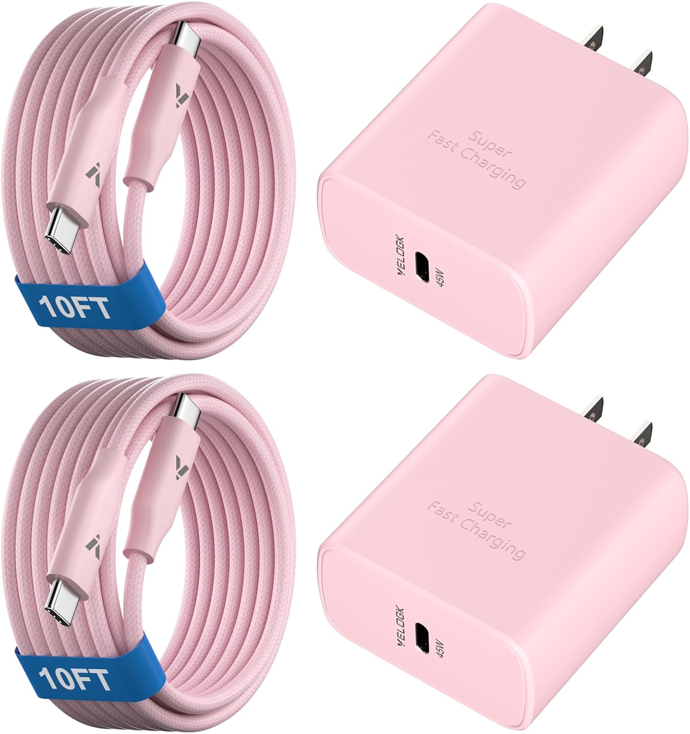 45W Super Fast Charger USB C, 45 Watt Type-C Android Phone Charger Fast Charging Block with 10FT Type C Cords for Samsung Galaxy S25 Ultra/S24 Ultra/S24+/S23 Ultra/S22 Plus/S20, Tab S9/S8 Ultra(Pink)