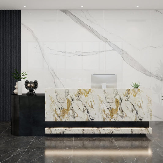 Front Desk Reception Counter - Lockable Storage & Keyboard Tray | Reception Desk with Counter, Customizable Large Counter Table (Black+White, 116'')