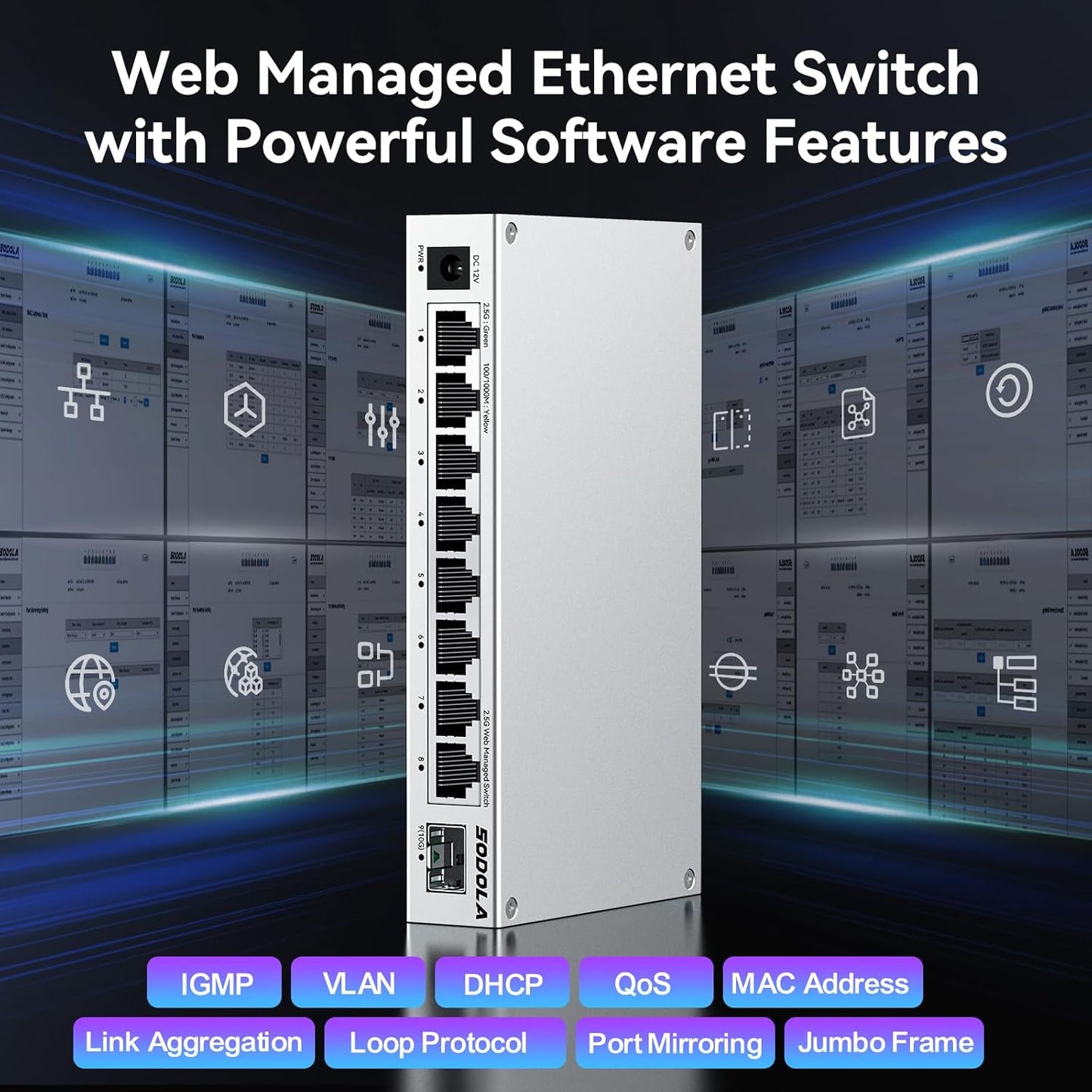 SODOLA 8-Port 2.5Gb Web Managed Switch with 10G SFP+, Aluminum Alloy Cooling & Magnetic Mounting - LACP/QoS/VLAN/IGMP Managed Multi-Gigabit Switch for Homelab