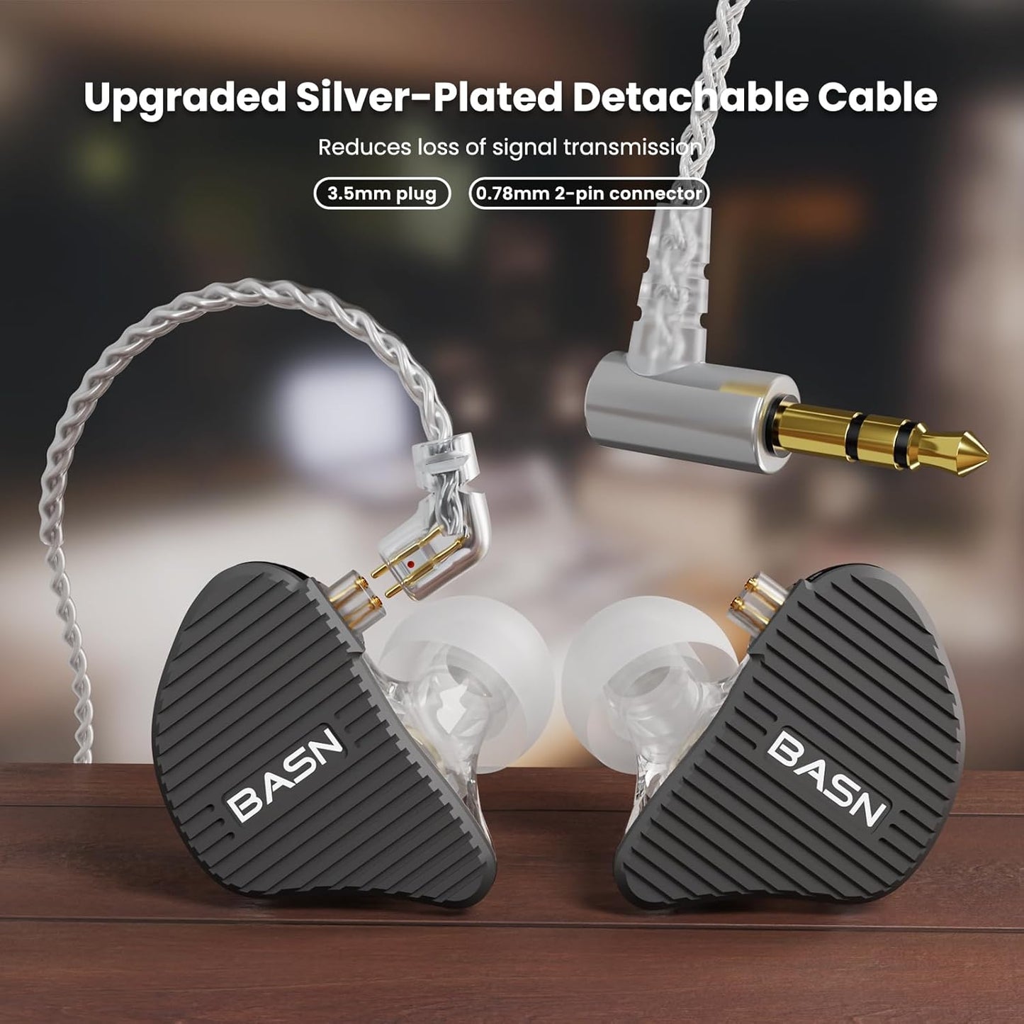 BASN Mix-PD in Ear Monitor,1Planar Driver + 1Dynamic Driver HiFi IEM Earphones with CNC Crafted Metal Cover, Wired 0.78mm 2-Pin Silver Plated Detachable Cable for Musicians (Black)