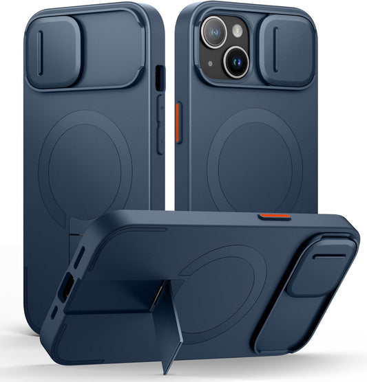 SURITCH for iPhone 13/14 Case with Magnetic Camera Slide Cover and Adjustable Kickstand, Compatible with MagSafe, Shockproof Bumper Case Slim Protective Cover for iPhone 13/14 6.1 Inch, Blue