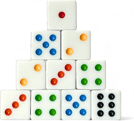 Luck Lab 10 Piece D6 Multicolor Pip Dice Pack - Acrylic 16mm Square Edge Standard Dice for RPG MTG DND Table Games and Board Games, Storage Bag Included (White Multicolor)