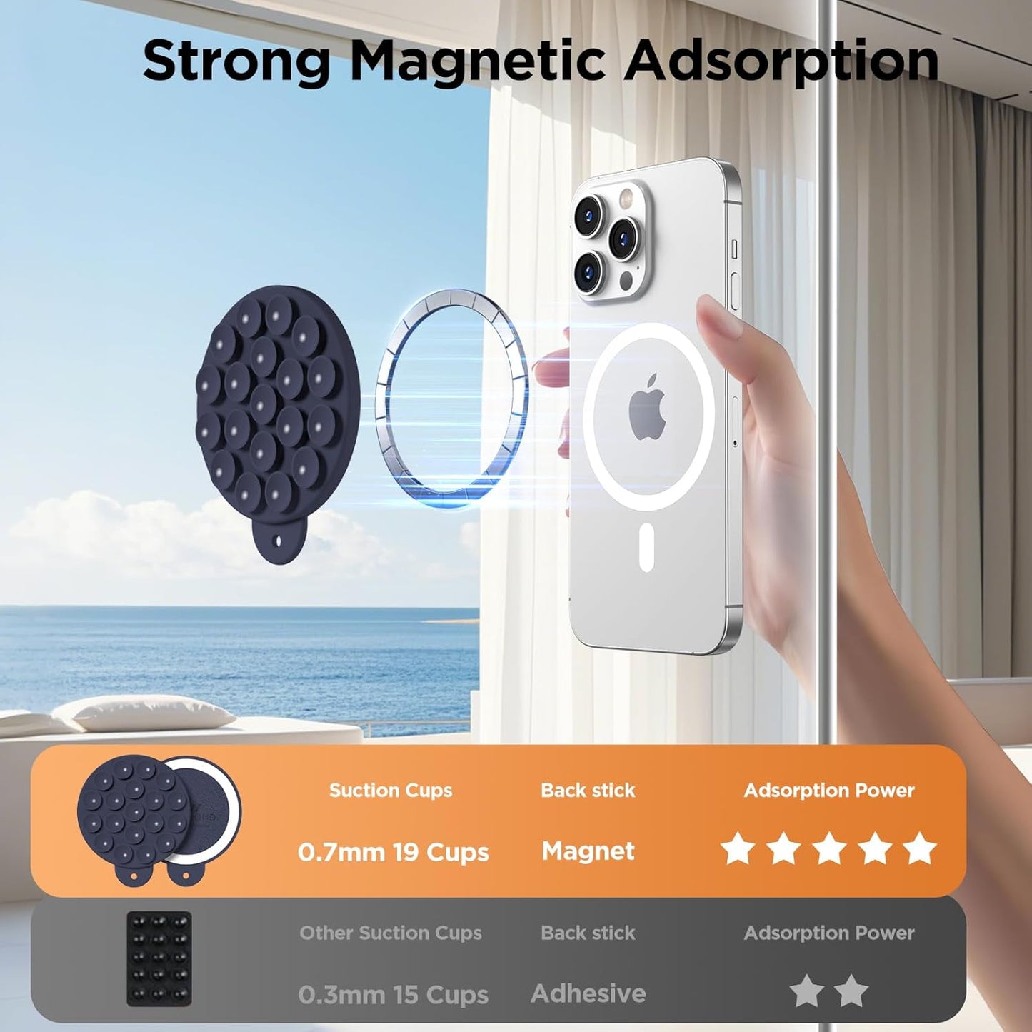 Magnetic Suction Cup Phone Mount for MagSafe Case, Silicone Hands-Free Grip Holder for iPhone and Android, Mirror Shower Phone Stand for Makeup FaceTime Gym Kitchen Bathroom, Midnight Blue