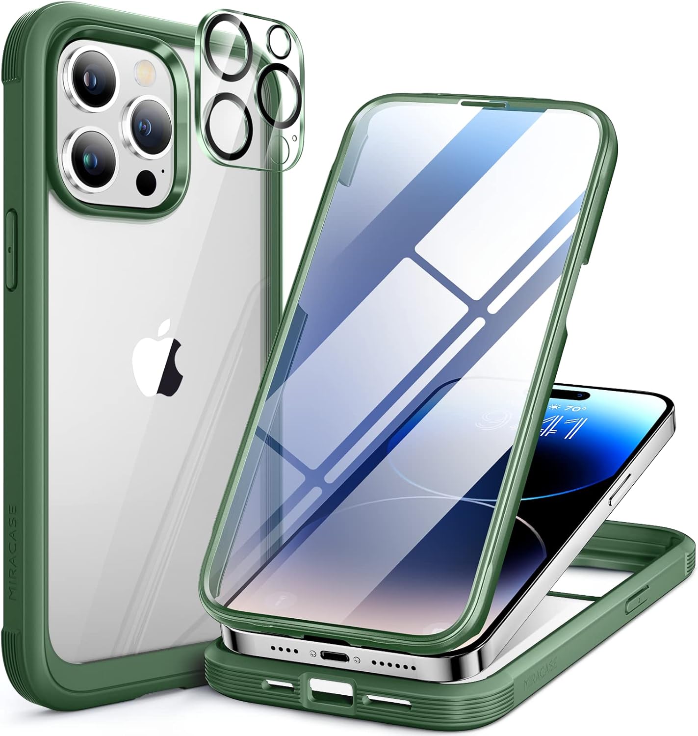 Miracase Glass Series for iPhone 14 Pro Case 6.1 Inch, Full-Body Clear Bumper Case with Built-in 9H Tempered Glass Screen Protector, with Camera Lens Protector, Acacia Green