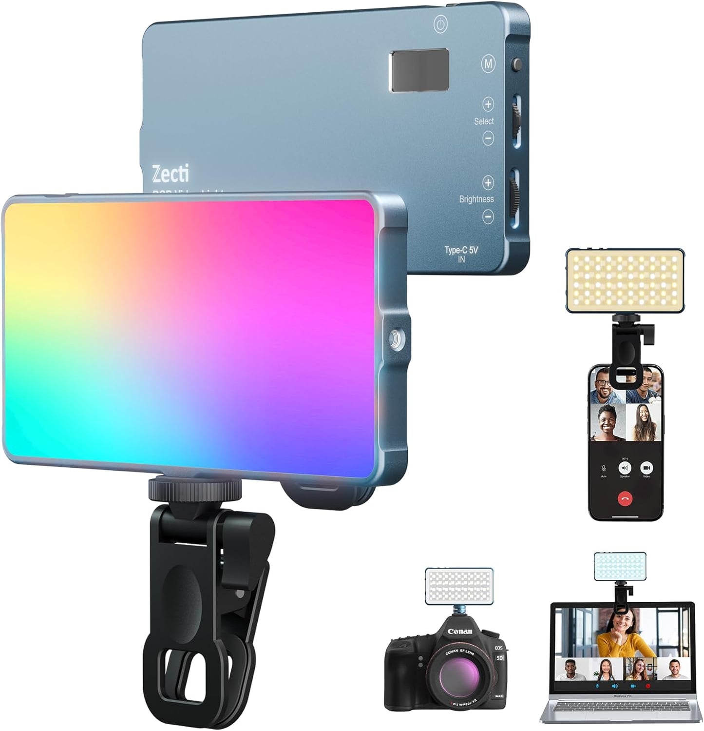 Selfie Camera Phone Light with Metal Hotshoe & Clip, CRI 96+ 2500K-9900K Rechargeable RGB Video Light for Laptops, Cameras, Selfie, Video Conference, TikTok Live Streaming, Filming