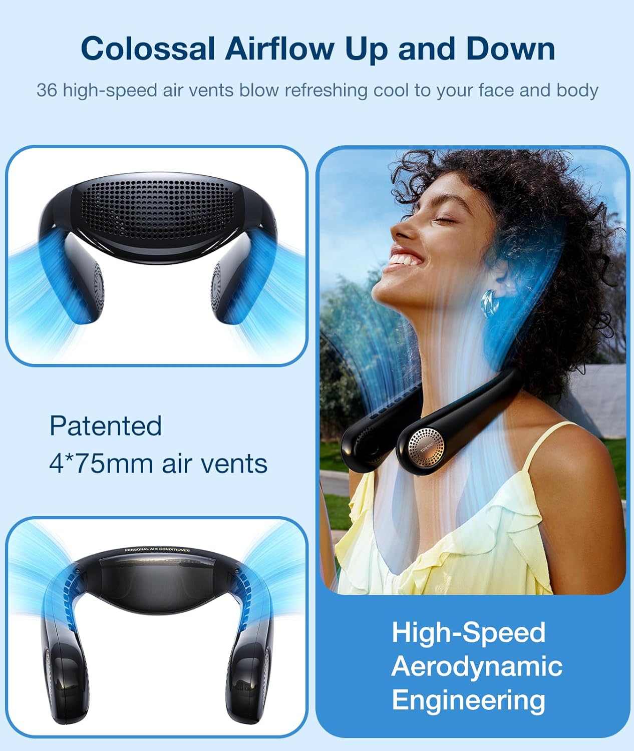TORRAS COOLiFY Air Neck Fan Air Conditioner, 3D Airflow, Light Portable Fan Rechargeable, Personal Cooling Fan Travel Essentials, Work, Travel, Camping, Onyx Black