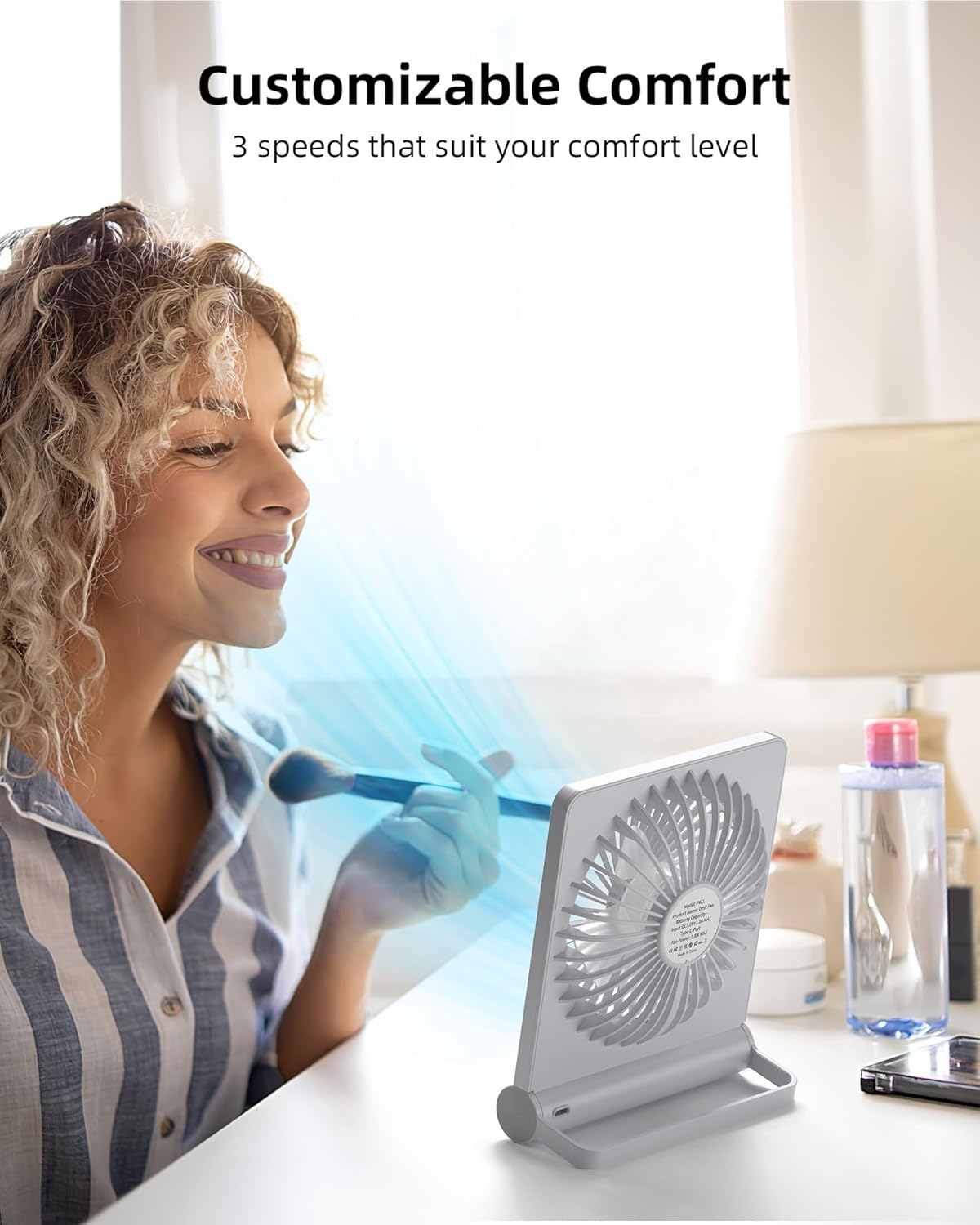 Koonie Portable Desk Fan, 3.5-20hrs Battery Operated Small USB Fan with Ultra Quiet 220° Tilt Folding, Rechargeable Personal Fan with 3 Speeds Strong Wind for Home Office Desktop, White