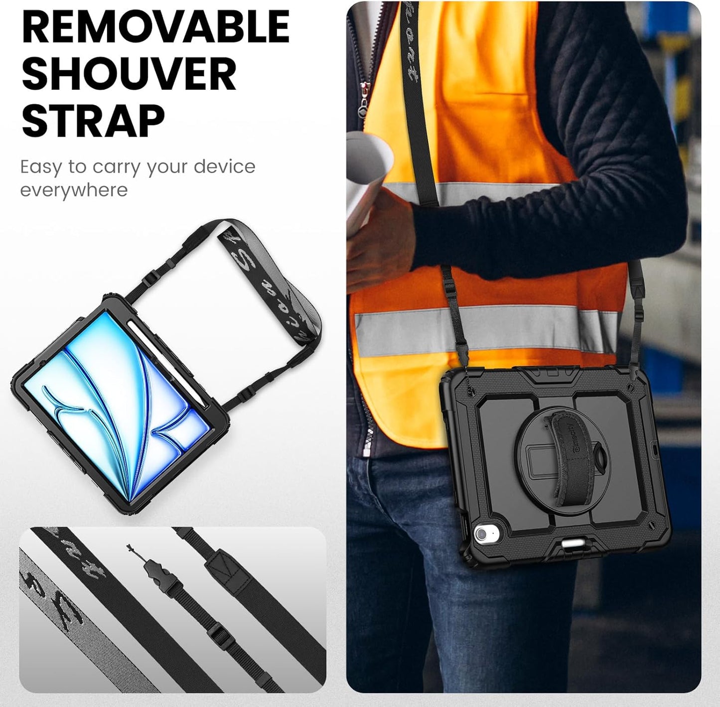 timecity Case for iPad Air 11 Inch M3/ M2 (2025/2024), 360° Rotating Stand, Pencil Holder & Wireless Charging, Shockproof with Screen Protector & Shoulder Strap - for Designers, Black