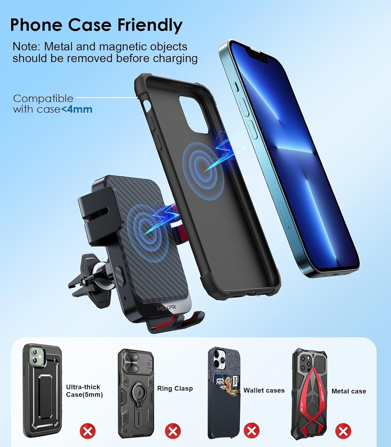 Wireless Car Charger, MOKPR 15W Fast Charging Auto-Clamping Phone Mount Air Vent Cell Phone Holder Compatible with iPhone 16 15/14/13/13 Pro/12 pro/12, for Samsung Galaxy S23/S22/S21/S20, Red